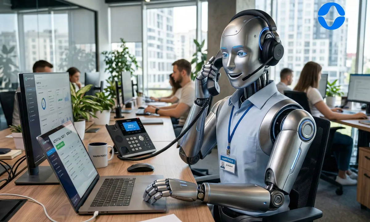 HAPP AI voice agent in office: operator with headset handles calls 24/7